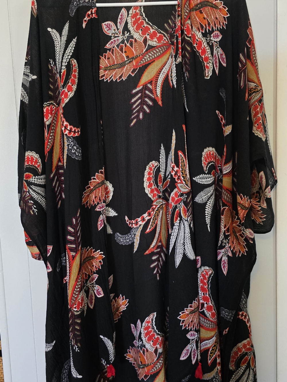 Ultra Pink Black Floral Kimono with Red and Orange Paisley Print